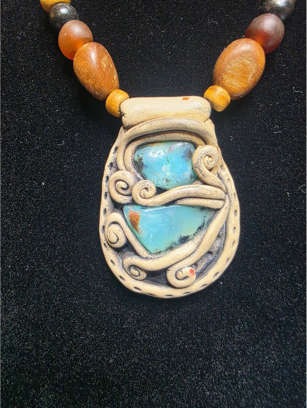 Handcrafted Polymer Clay Faux Turquoise Pendant Necklace Boho Beaded Cord Art